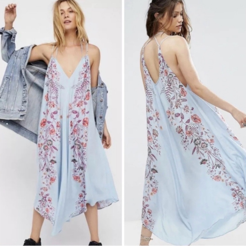 Free People Ashbury Floral Print Light Blue Boho Maxi Dress Size Small